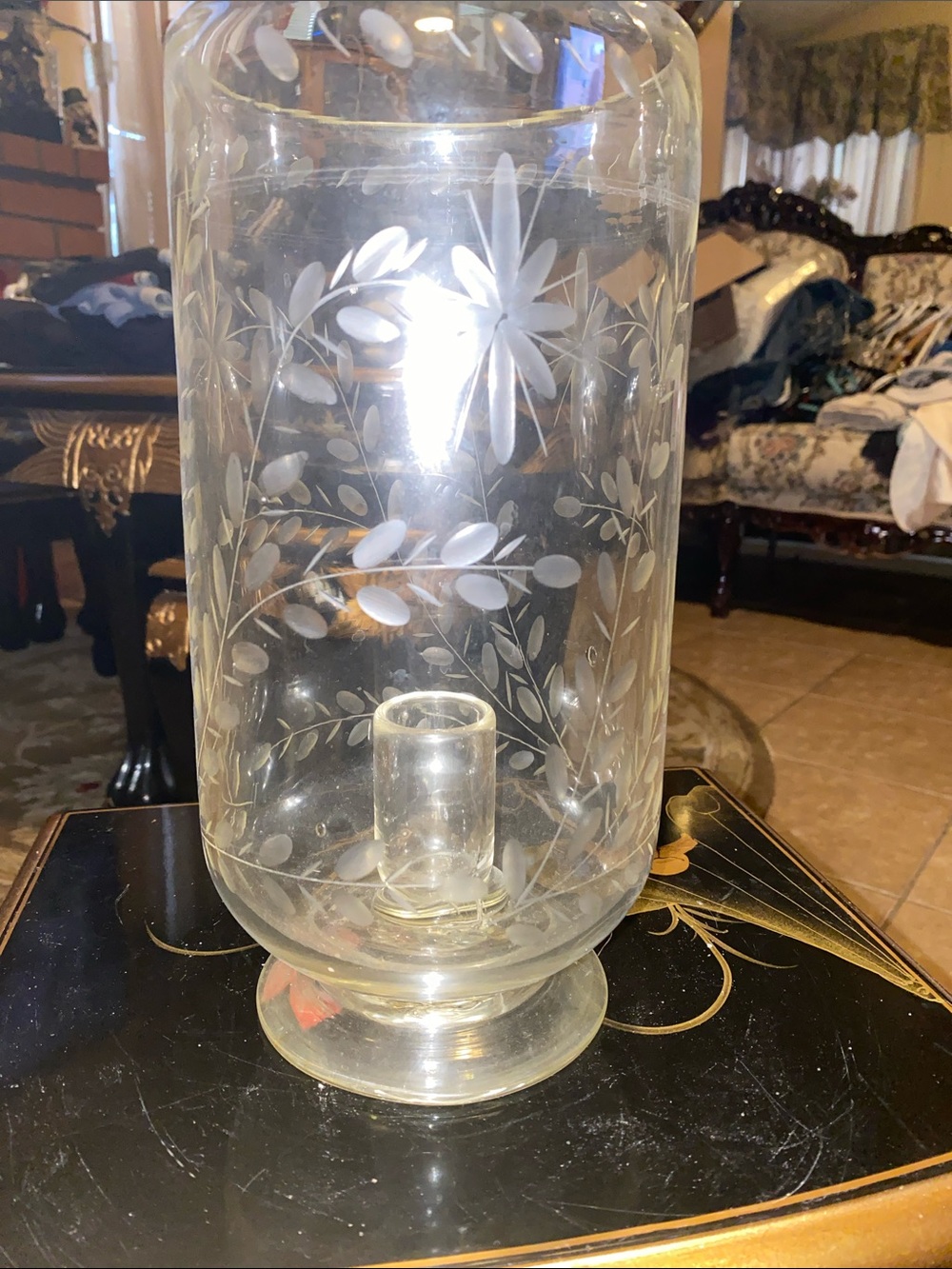 Antique Leaded Crystal Heavy Hand Blown & Etched 11” Tall Chimney Candle Holder - Picture 2 of 4